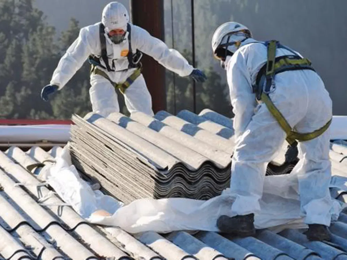 Professionnels équipés pour une intervention sur toiture en fibrociment