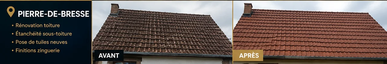 Illustration avant après de rénovation de toiture dans le secteur de Pierre-de-Bresse